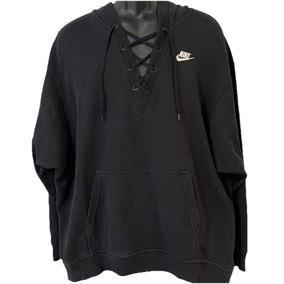 Nike NWS Club Lace Up Hoodie Women’s L Black Pullover Athletic  Style 929531-010 - Picture 1 of 12